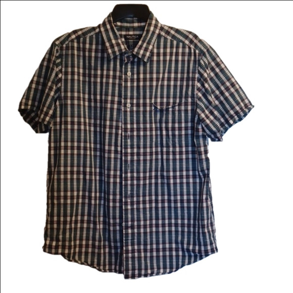 NAUTICA MENS SHORT SLEEVE SHIRT, LARGE, SLIM FIT. GREEN PLAID SEE PIC. - Picture 1 of 7